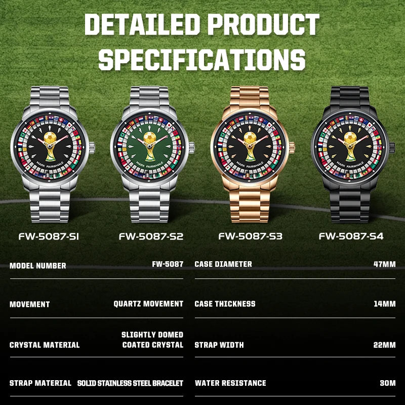 MARK FAIRWHALE 5087 Famous Football Sports Quartz Watch 360 ° Rotating Flag Dial Stainless Steel Strap Waterproof Watch for Man