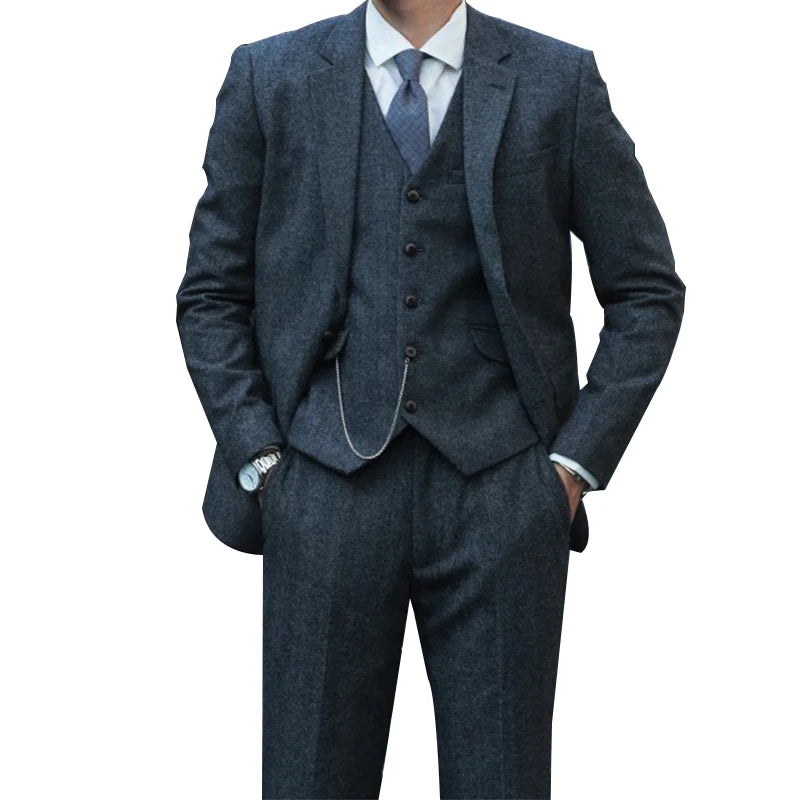 Retro British Yuppie Gentleman's Peaky Blinders Style Wool Tweed Herringbone Slim-Fit Suit Three-Piece Suit