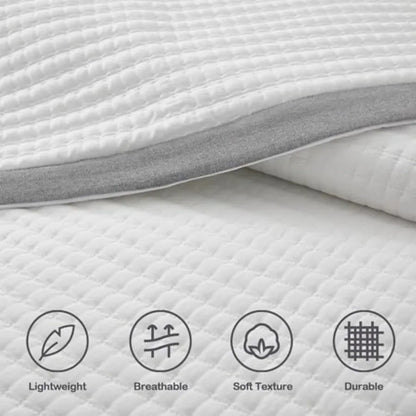 White Quilt Set Size - Farmhouse Soft Striped Stitch Bedding Bedspread Coverlet Summer Lightweight Quilt Bed Sets with 2 Pillow