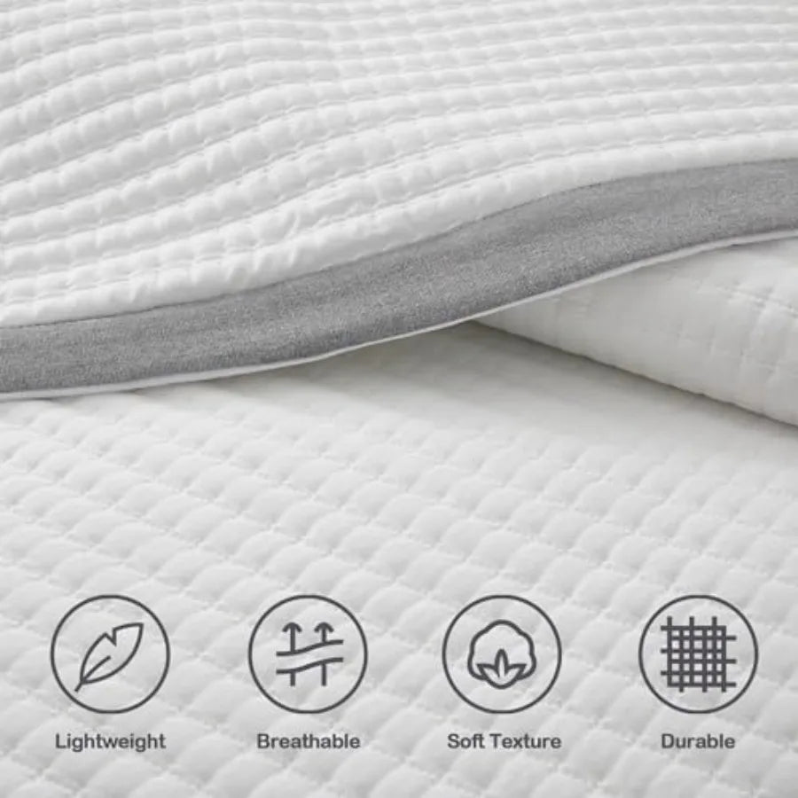 White Quilt Set Size - Farmhouse Soft Striped Stitch Bedding Bedspread Coverlet Summer Lightweight Quilt Bed Sets with 2 Pillow