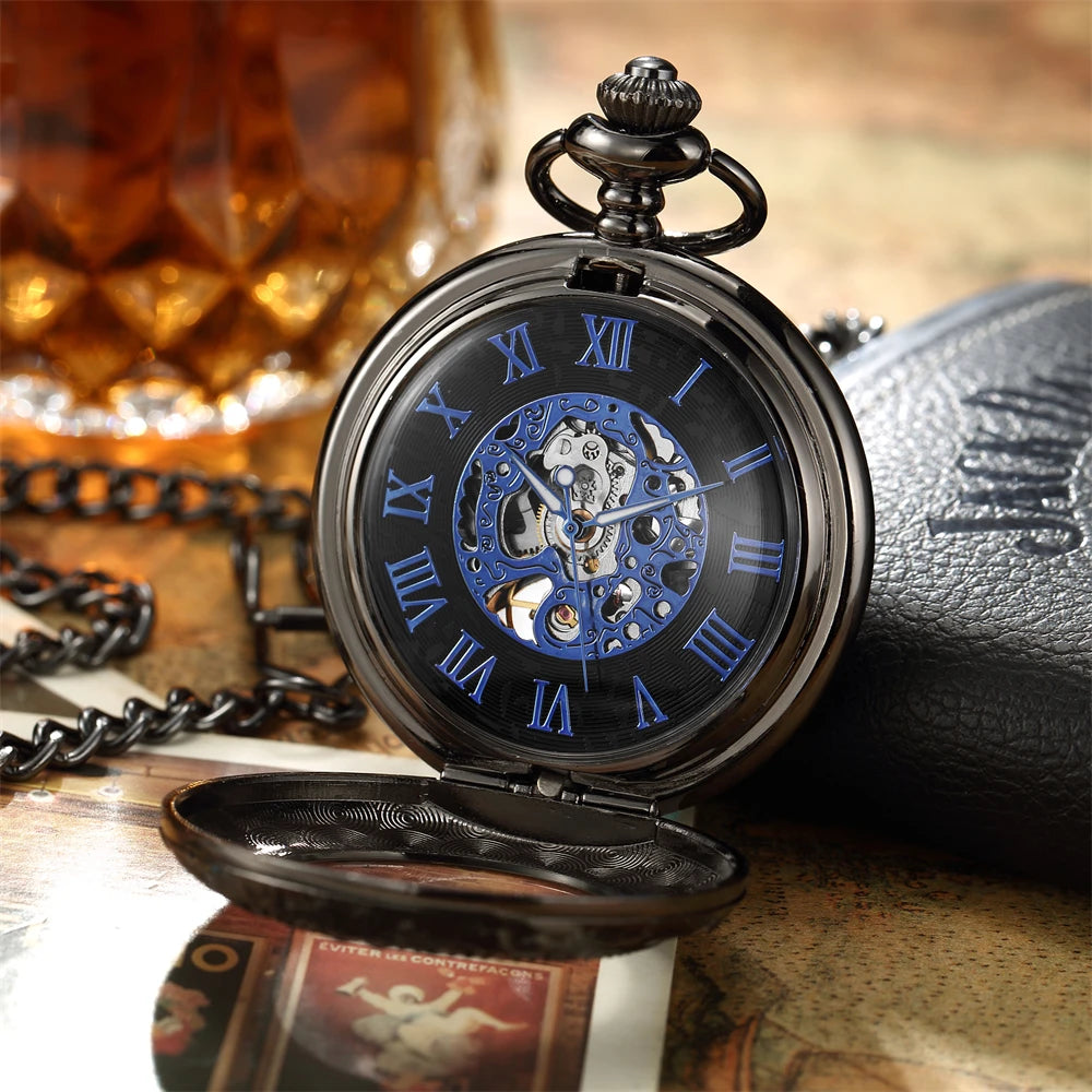 Vintage Skeleton Mechanical Pocket Watch Engraved Floral Design Hand Wind Fob Watch With Chain For Men Women Luxury Antique Gift