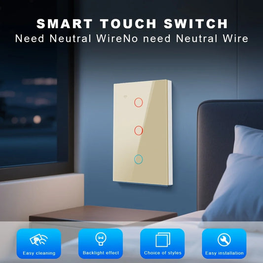 Smart WiFi Switch Single Neutral Wire Universal Touch Control Tuya APP Alexa Google Home Compatible Gold Gray