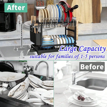 Stozle Double-Layer Dish Drying Rack For Kitchen Countertops, With Drainer Tray, Dish Drying Rack, Kitchen Organization And Stor