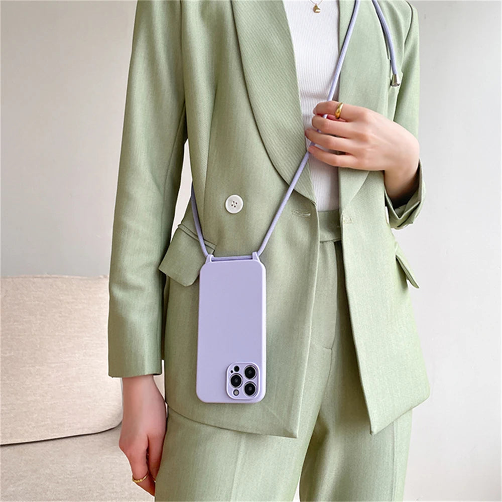 Crossbody Necklace Lanyard Cord Strap Liquid Silicone Case For iPhone 17 16 15 13 11 12 14 Pro Max XS XR X Plus Soft Candy Cover