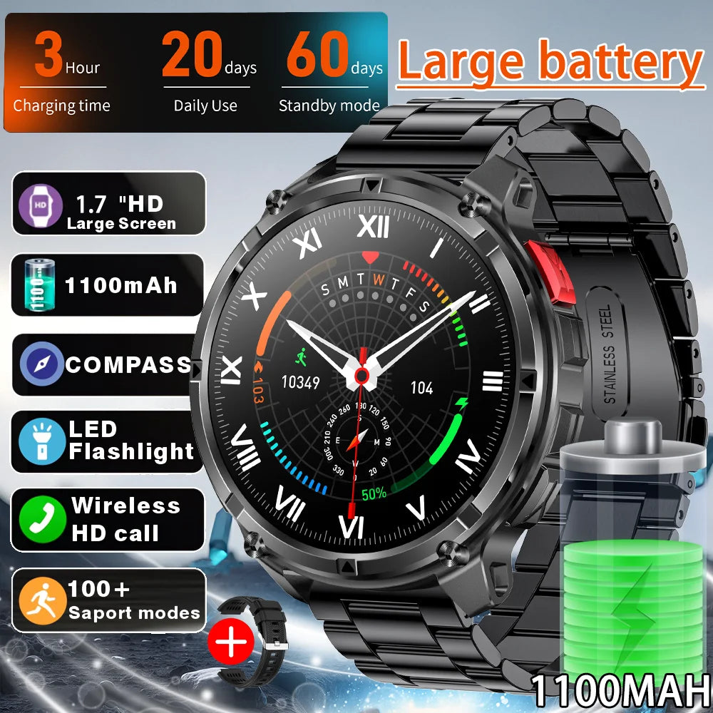 2026 T-Rex3 Ultra 1100mAh Battery 170+Sport Fitness LED Flashlight IP68 Waterproof Bluetooth call GPS track Smartwatch Compass