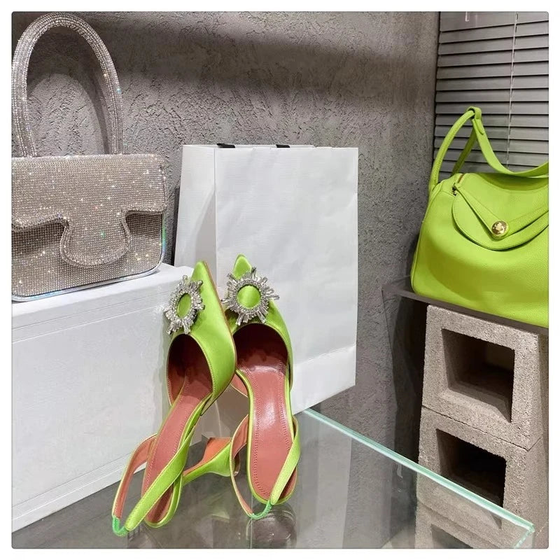 2025 European and American Women's New Silk Sunflower Crystal Diamond Buckle High Heels Horseshoe Heel Women's Sandals