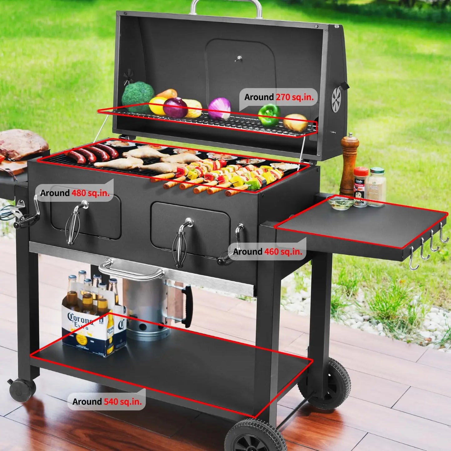 Extra Large Charcoal Grill 794sq.in Adjustable Dual Tray Foldable Side Tables Outdoor Backyard BBQ, Custom
