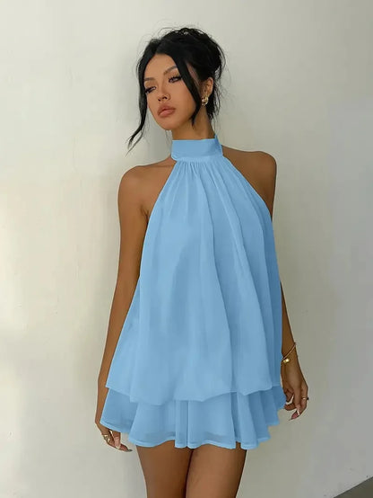 2026 Women's Elegant Halter Neck Sleeveless Ruffled Layered Chiffon Mini Dress Casual Summer Party Dress for Beach Vacation Y2K