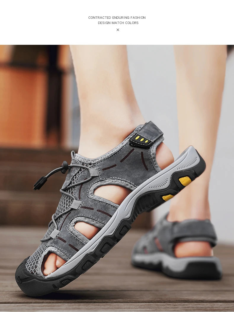 Genuine Leather Men's Sandals Summer Classic Outdoor Lightweight Walking Sneakers Hiking Men's Sandals Casual Beach Wading Shoes