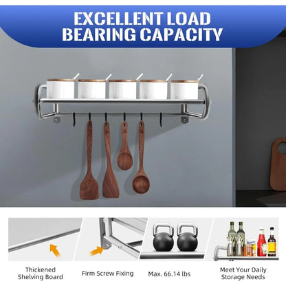Stainless Steel Microwave Utensils Shelf Wall Mount with 6 Hooks, Heavy Duty Kitchen Organizer Rack for Bathroom Pantry Storage