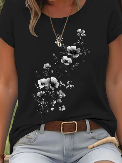 Purple Floral Branch Women's Tee - Delicate Watercolor Flower Graphic, Casual Light Purple Top