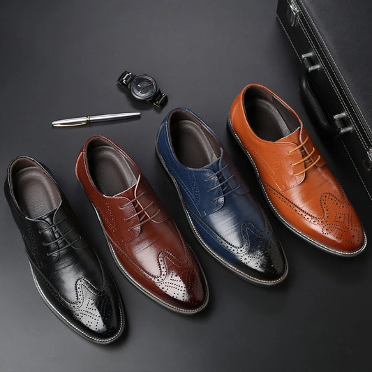 MenS Brogue Wingtip Formal Leather Shoes Lace Up Business Oxfords Multiple Colors Groom Wedding  Footwear Leisure Simple Fashion