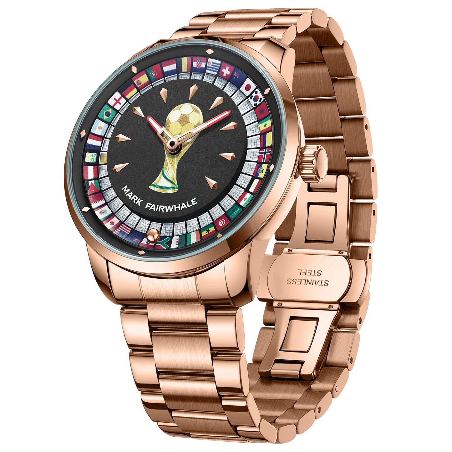 MARK FAIRWHALE 5087 Famous Football Sports Quartz Watch 360 ° Rotating Flag Dial Stainless Steel Strap Waterproof Watch for Man