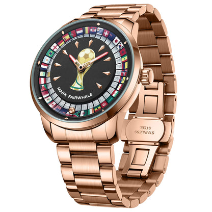 MARK FAIRWHALE 5087 Famous Football Sports Quartz Watch 360 ° Rotating Flag Dial Stainless Steel Strap Waterproof Watch for Man
