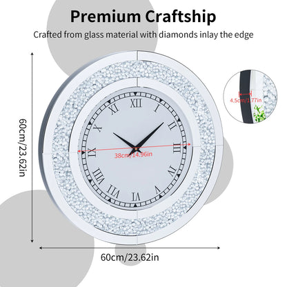 Silver,Tawny Tinted Round Mirror ,24inch Crystal Sparkle Twinkle Bling Crush Diamond Large Mirrored Wall Clock for Living Room