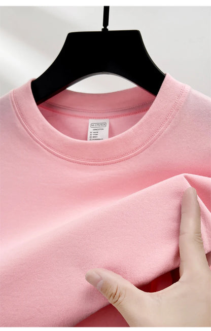 High quality 100% cotton short sleeve men's T-shirt summer round neck loose casual solid color plus size breathable top women