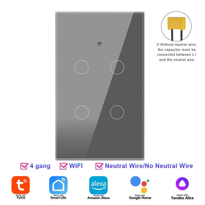 Smart WiFi Switch Single Neutral Wire Universal Touch Control Tuya APP Alexa Google Home Compatible Gold Gray