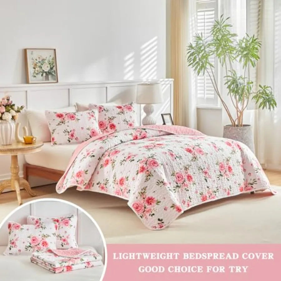 Floral Quilt Set 3 Pieces Queen Size White Pink Flower Soft Microfiber Lightweight Summer Reversible Coverlet Bedspread for All