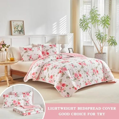 Floral Quilt Set 3 Pieces Queen Size White Pink Flower Soft Microfiber Lightweight Summer Reversible Coverlet Bedspread for All