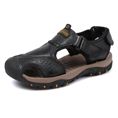 2025 Large-Size Leather Men's Shoes Summer Sandals Casual Outdoor Head Beach Shoes Comfortable Breathable Hollow Velcro Patch