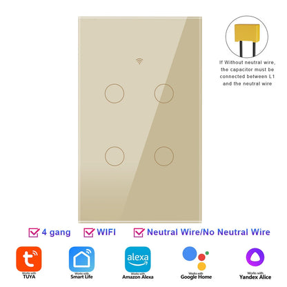 Smart WiFi Switch Single Neutral Wire Universal Touch Control Tuya APP Alexa Google Home Compatible Gold Gray