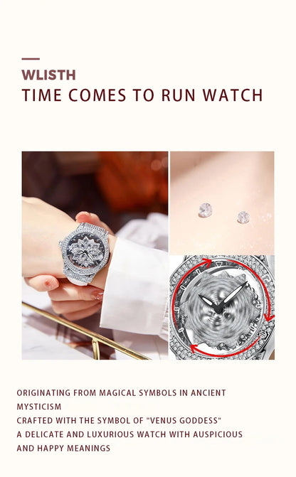 Popular women's watch with fashionable large dial, pentagram waterproof watch for girls, snowflake rotating hollow women's watch
