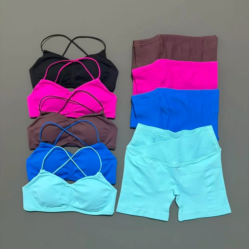 2Pcs HISTELLO Vision Sports Set Strappy Seamless Bra Scrunch Butt Lifting Stretch Breathable Gym Fitness Pilates Workout Sets