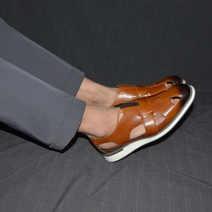 Classic Arabic Style Mens Sandals Genuine Cow Leather Slip-On Hollow Out Casual Business Party Dress Shoes for Men Flat Footwear