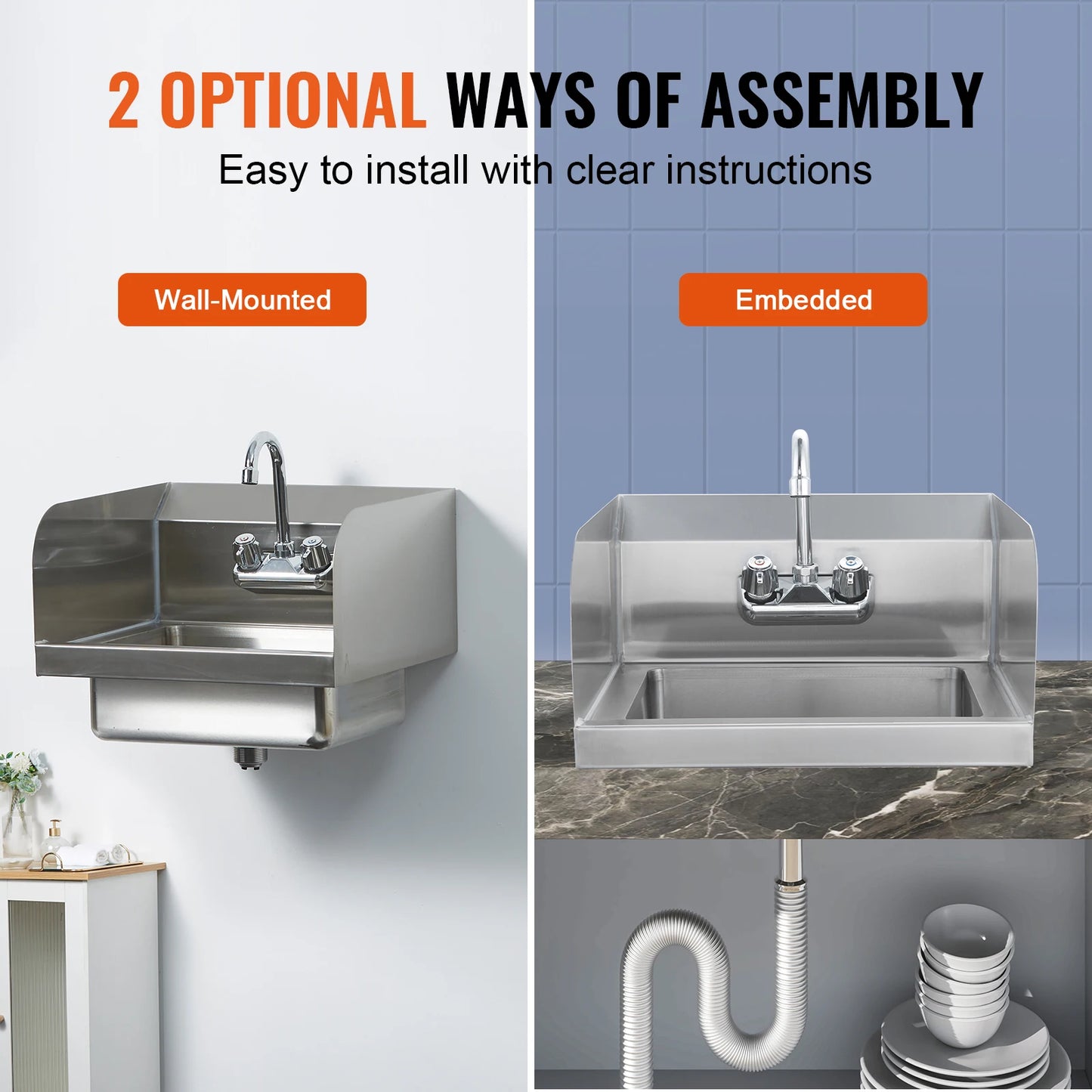 SucceBuy Commercial Hand Sink with Faucet and Side Splash Stainless Steel Sink for Washing Wall Mount Hand Basin for Restaurant