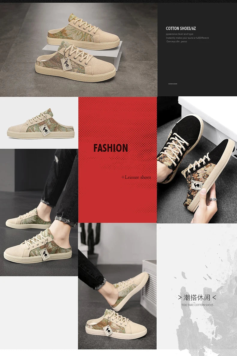 Men's canvas slippers summer new breathable outdoor soft-sole casual slippers party sandals Joker tide half slippers cloth shoes
