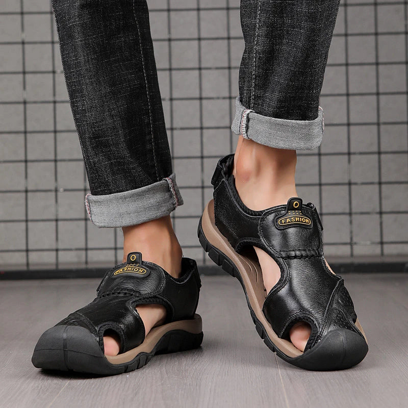 2025 Large-Size Leather Men's Shoes Summer Sandals Casual Outdoor Head Beach Shoes Comfortable Breathable Hollow Velcro Patch