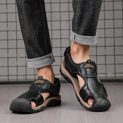 2025 Large-Size Leather Men's Shoes Summer Sandals Casual Outdoor Head Beach Shoes Comfortable Breathable Hollow Velcro Patch