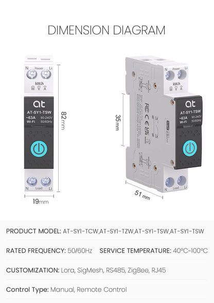 Tuya WiFi Circuit Breaker Smart 1P+N 63A  MCB Timer Power Energy kWh Voltage Current Meter Protector Voice Remote Control Switch