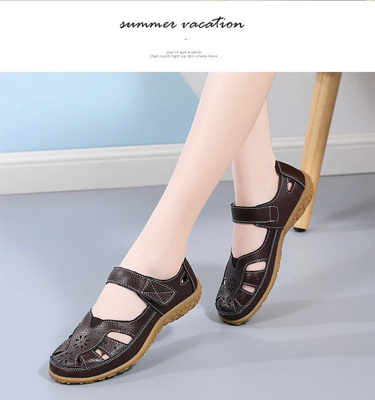 WOIZGIC Female Ladeis Mother Women's Genuine Leather Loater Flats Sandals Shoes Summer Cool Soft Outside Beach