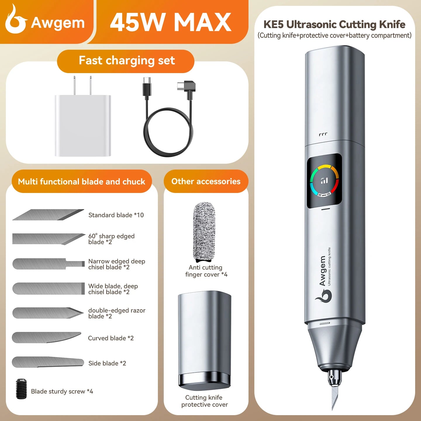 Awgem KE5 Handheld Ultrasonic Cutter Ultrasonic cutting knife DIY Electric Carving Tool for Plastic/Resin/3D Printing/Textile