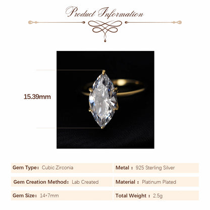 Potiy Vintage 9ct 5A Marquise Shape Cubic Zirconia Solitaire Engagement Ring For Women 925 Sterling Silver 14K Yellow Gold