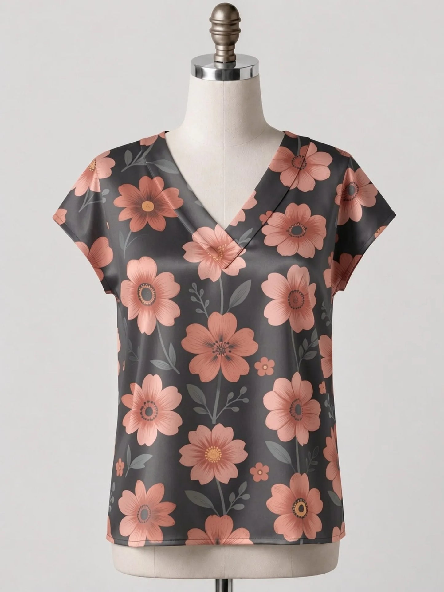Women's Satin V-neck Tropical Floral Print Short-Sleeve Summer Shirt Casual Street Fashion T-Shirt New Beachwear