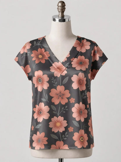 Women's Satin V-neck Tropical Floral Print Short-Sleeve Summer Shirt Casual Street Fashion T-Shirt New Beachwear