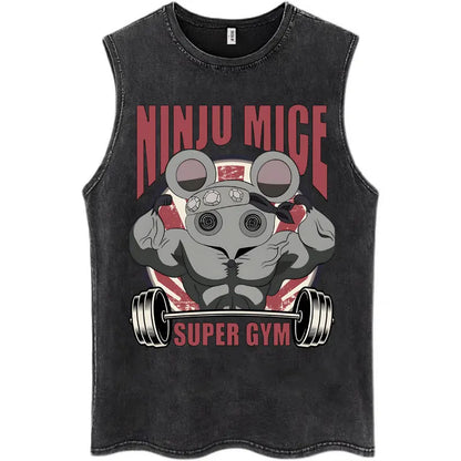 Washed Anime Demon Slayer Hashibira Inosuke Mask Face Tank Tops Men Women Vintage Fashion Cotton Sleeveless T Shirts Streetwear