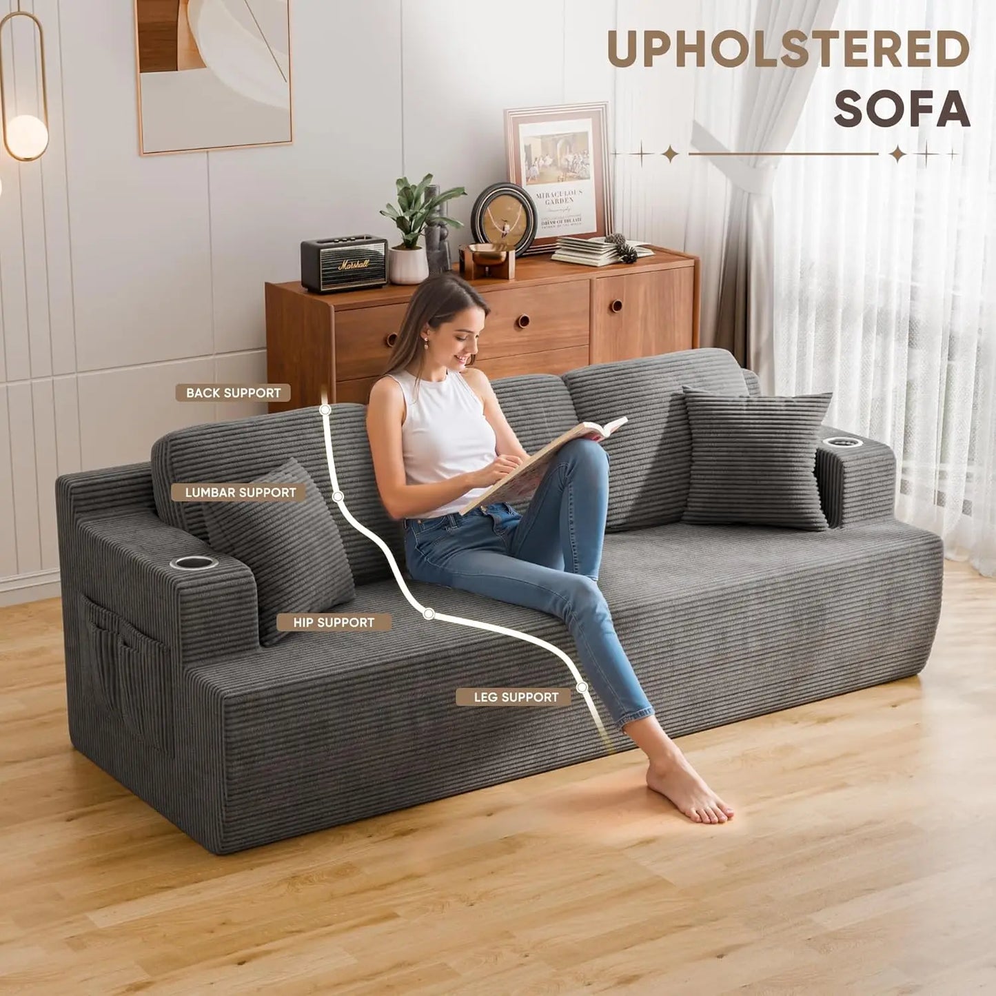 87in Corduroy Deep Seat Sofa with 2 Pillows Cup Holder Storage Pocket Living Room Grey Custom