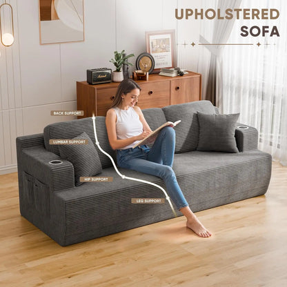 87in Corduroy Deep Seat Sofa with 2 Pillows Cup Holder Storage Pocket Living Room Grey Custom