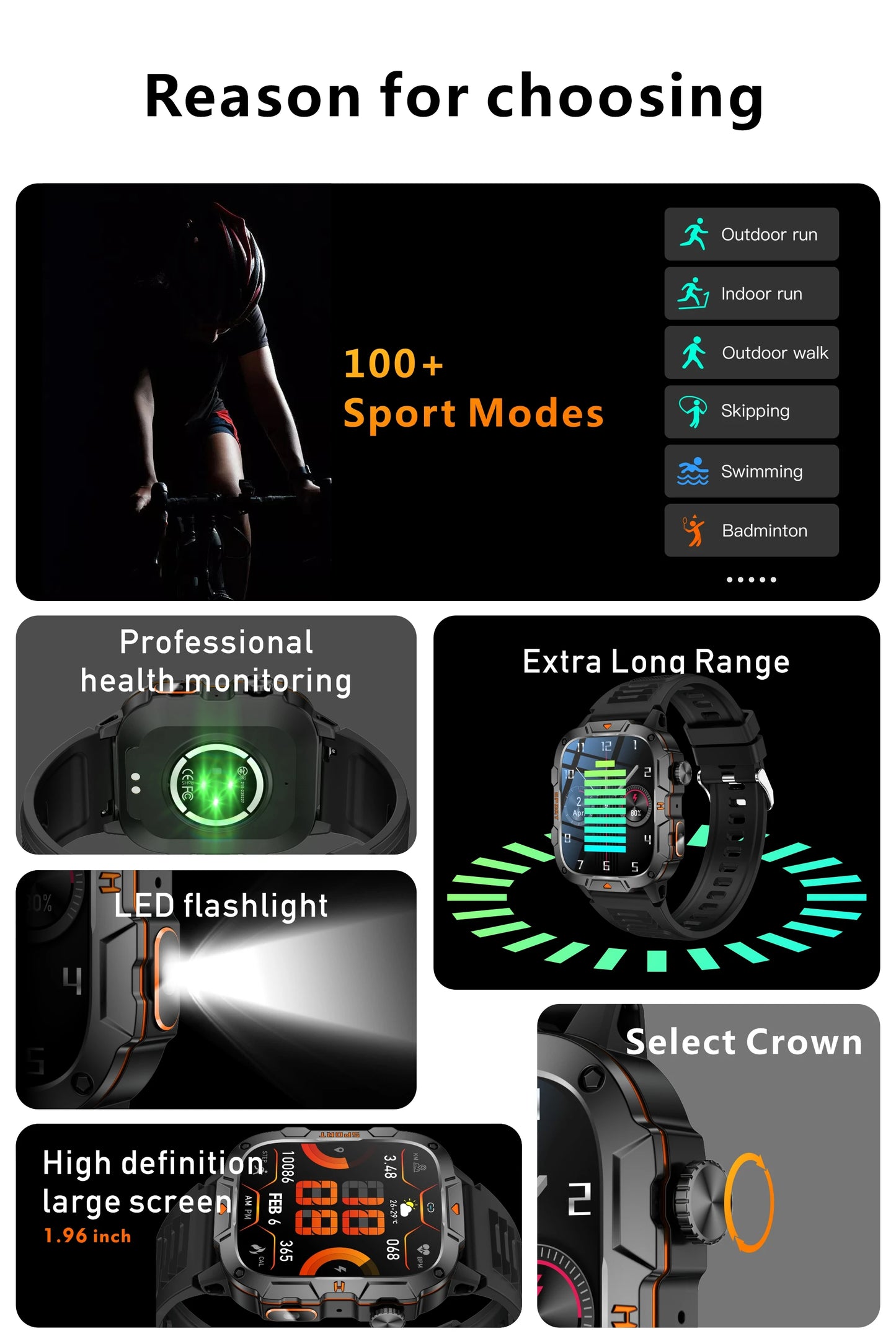 2025 New Military Grade Smart Watch Men 1.96" AMOLED Screen 5ATM Waterproof Simming Sports Fitness Tracker BT Call Smartwatches