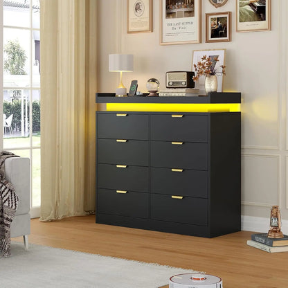 Modern Large Wooden 8 Drawer Bedroom Dresser, Storage Chest Integrated with LED Lights and Convenient Power Outlet, Customized