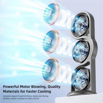 TINSOL New Portable USB Rechargeable Three-Head Fan – 360° Circulation, 5-Speed Wind, Dormitory and Outdoor Desktop Fan