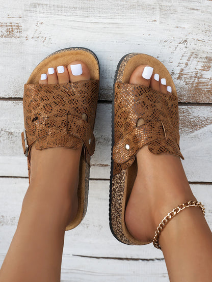 Women's Casual Retro Animal Snake Print Slippers and Sandals - Stylish Buckle Single-Strap Design, Non-Slip Pvc Sole, Comfortable Pu Upper, Suitable for Casual Beach Wear, Indoor and Outdoor Outfits, Spring and Summer Series