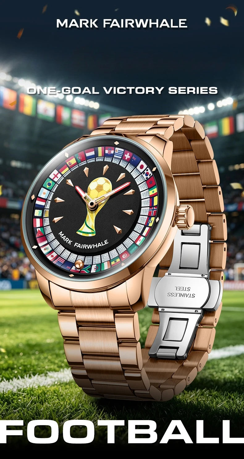 MARK FAIRWHALE 5087 Famous Football Sports Quartz Watch 360 ° Rotating Flag Dial Stainless Steel Strap Waterproof Watch for Man