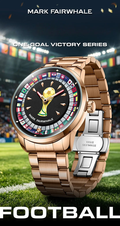 MARK FAIRWHALE 5087 Famous Football Sports Quartz Watch 360 ° Rotating Flag Dial Stainless Steel Strap Waterproof Watch for Man