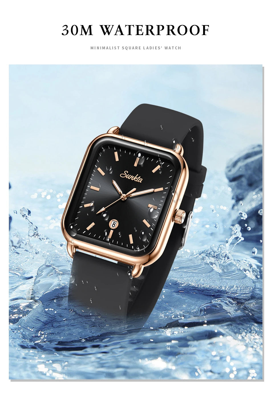 Sunkta Fashion Elegant Woman Watch Square Luxury Retro Silicone Belt Auto Date Casual Waterproof Luminous Quartz Watches for Men