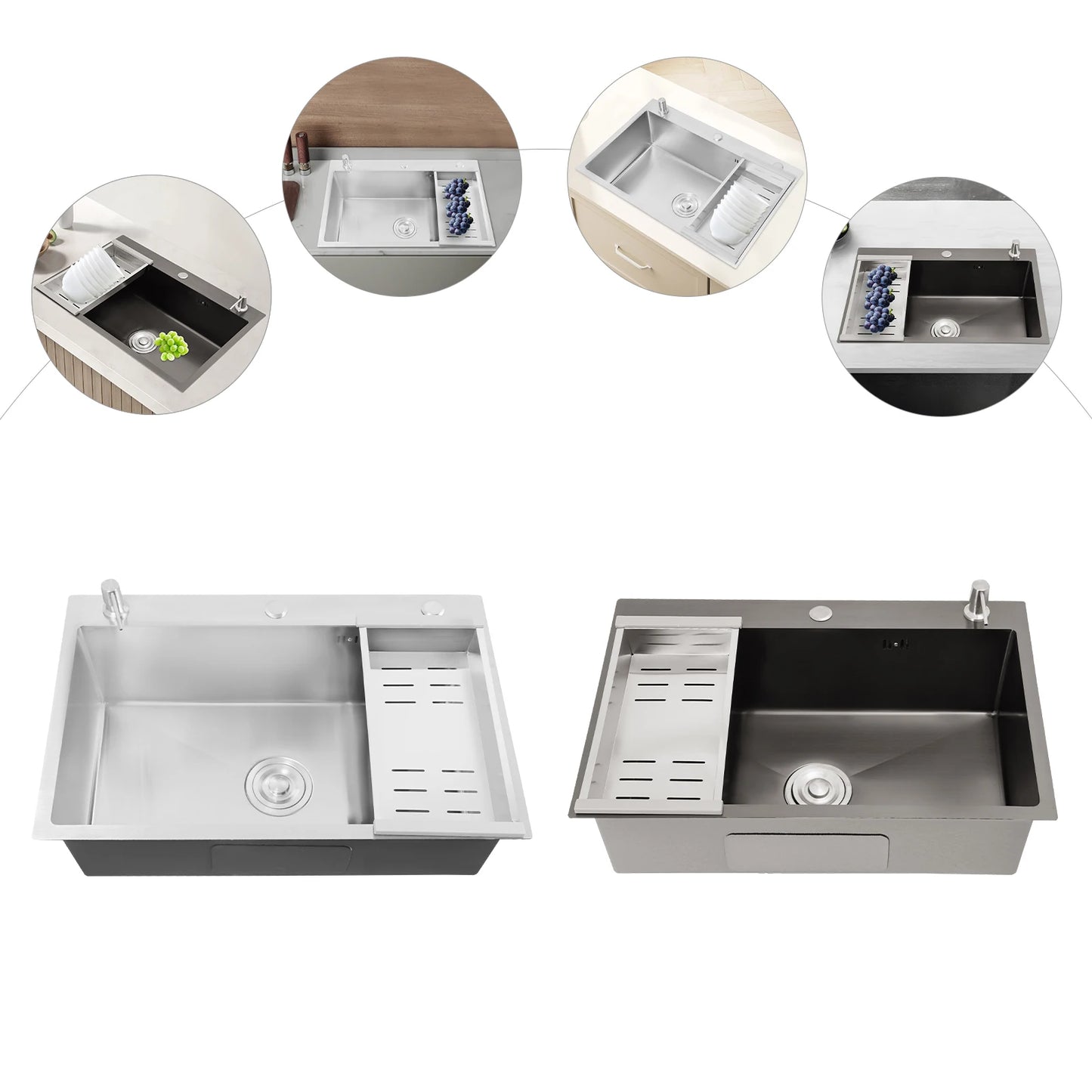 68×45cm Sink with V-shaped Drainer and Drain Basket and Soap Dispenser Anti-overflow Kitchen Sink Stainless Steel Sink