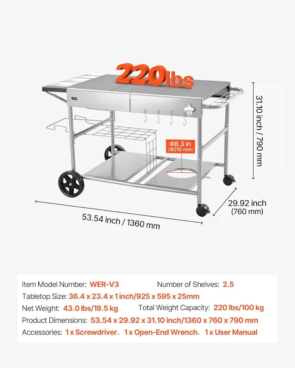 Outdoor Grill Cart with Wheels, 36.4x23.4 Inch Tabletop, Movable BBQ Prep Table for Picnic Kitchen Courtyard